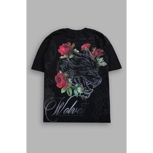 Black Graphic T-Shirt with Floral and Wolf Design